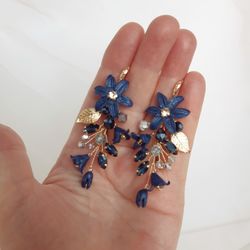 Dark blue floral earrings, Navy blue rhinestone dangle earrings, Prom earrings gold leaf and flower