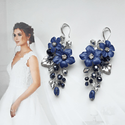 Navy blue floral earrings, Dark blue rhinestone dangle earrings, Prom earrings silver leaf and flower