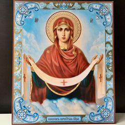 Protection Veil of the Virgin | Large XLG Silver foiled icon on wood | Orthodox - Catholic icon | Size: 15 7/8" x 13"