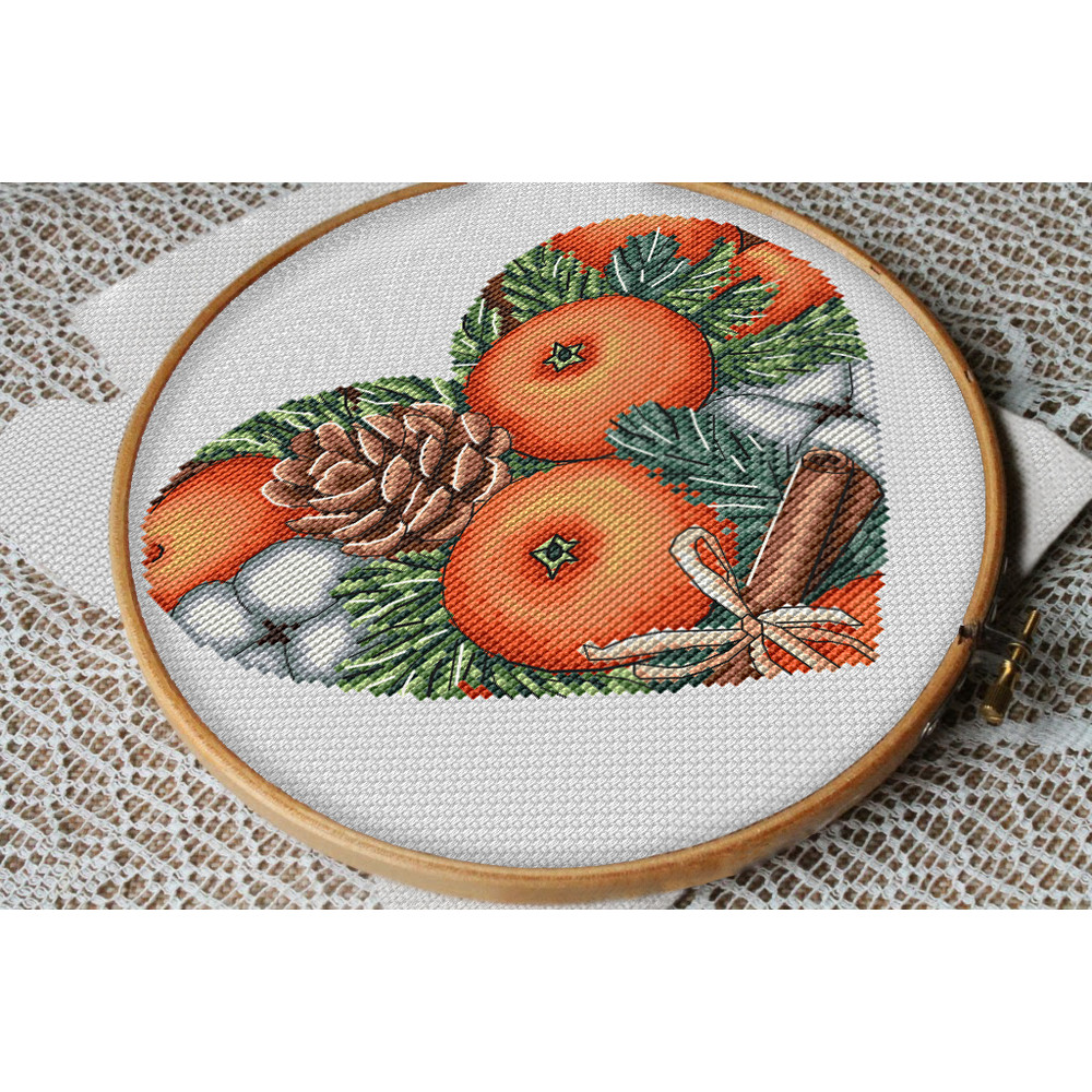 heart silhouette with tangerines and spruce branches cross stitch pattern.jpg