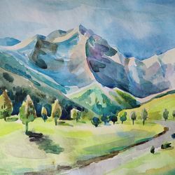 Panorama landscape Ahornboden with alps mountains Karwendel in Bavaria, Germany. Original watercolor, 8 x 12 inches.