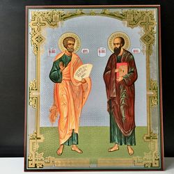 Saints Peter And Paul | Large Xlg Silver Foiled Icon On Wood | Orthodox - Catholic Icon | Size: 15 7/8" X 13"