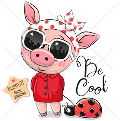Cute Cartoon Pig with Ladybug PNG, clipart, Sublimation Design, Children printable, illustration