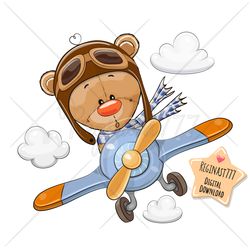 Cute Cartoon Teddy Bear PNG, Plane, clipart, Sublimation Design, Children printable, illustration
