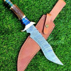 Damascus Steel knife, Hunting knife with sheath, fixed blade Camping knife, Bowie knife, Handmade Knives, Gifts For Men