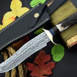 damascus steel knife, hunting knife with sheath, fixed blade camping knife, bowie knife, handmade knives, gifts for men