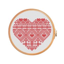Red heart for cross stitch pattern, folk style stitching, lace ornament