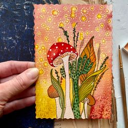 Fly agaric painting Original art Mushroom watercolor card Mini artwork Rubinova