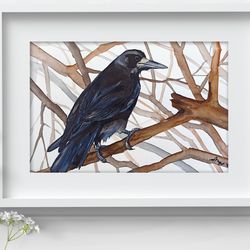 Rook original birds watercolor, bird painting bird crow watercolor art by Anne Gorywine
