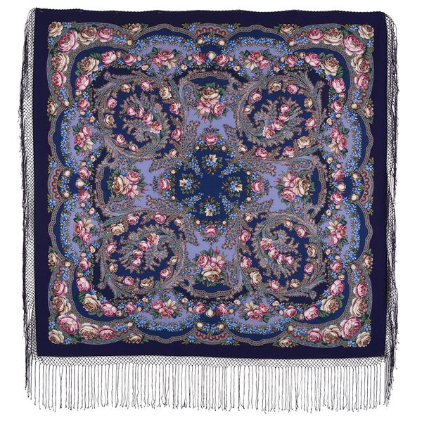 blue flowers rare pavlovo posad merino wool wrap shawl 1099-14