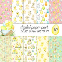 watercolor Easter Digital Papers, Cute Bunny Seamless Pattern, Custom Fabric, Glitter Eggs, Chicken, Basket, Surface Pat