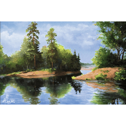 Summer forest with river painting 8x10 inches on cardboard oil painting Wall art Artwork from Marina Mamonchik