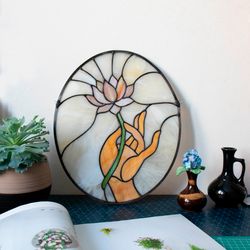 Stained glass window panel, Panel with lotus, Suncatcher, Home decor