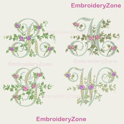 Wedding font with roses embroidery design, floral letters monogram with rose buds embroidery patterns, alphabet design