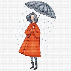 Girl with umbrella PDF cross stitch pattern Orange coat counted chart Autumn mood Girl cross stitch Rainy day
