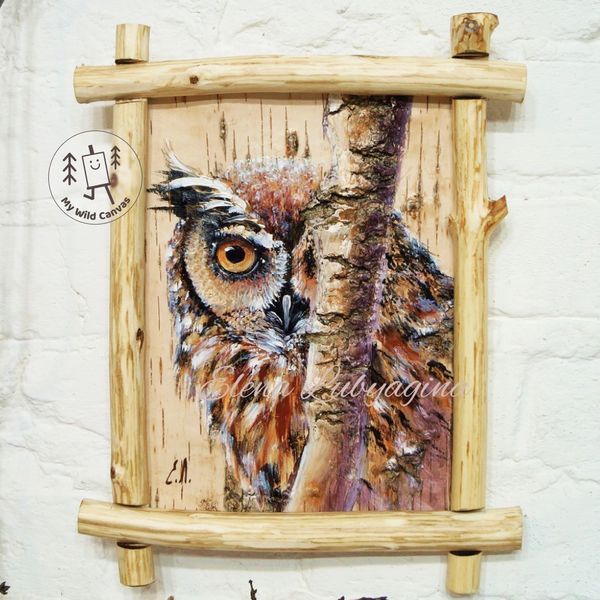 Eagle Owl, Rustic Painting on Birch Bark by MyWildCanvas.jpg