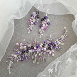 Purple bridal hair comb, Lavender bridal hair piece, Wedding pearl hairpiece, Purple jewelry set