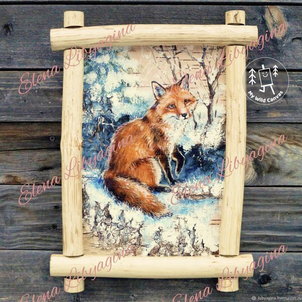 Pretty Red Fox in the Snow, Rustic Birch Bark Painting by MyWildCanvas.jpg