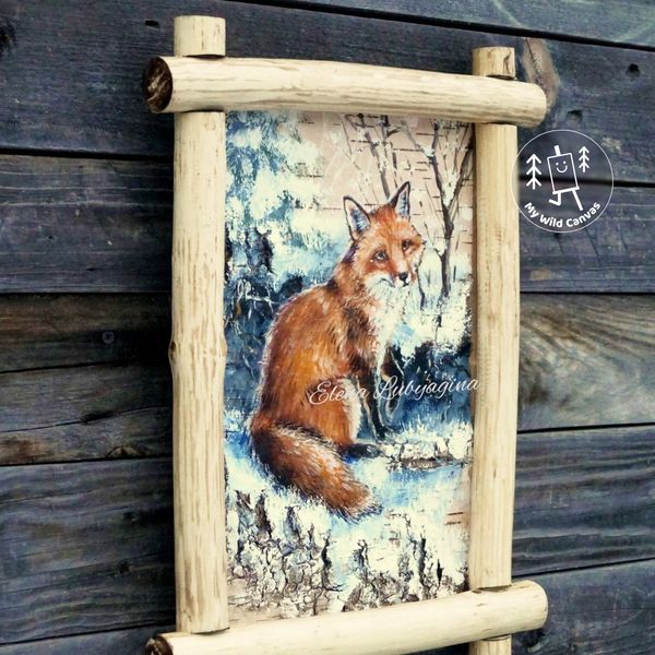 Pretty Red Fox in the Snow, Rustic Birch Bark Painting by MyWildCanvas-3.jpg
