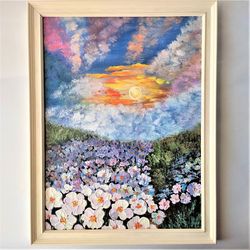 White flower canvas wall art a sunset painting impasto