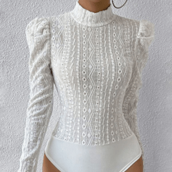 Eyelet Embroidery Mock Neck Puff Sleeve Bodysuit Playsuit Top Blouse Tee 2 Colors