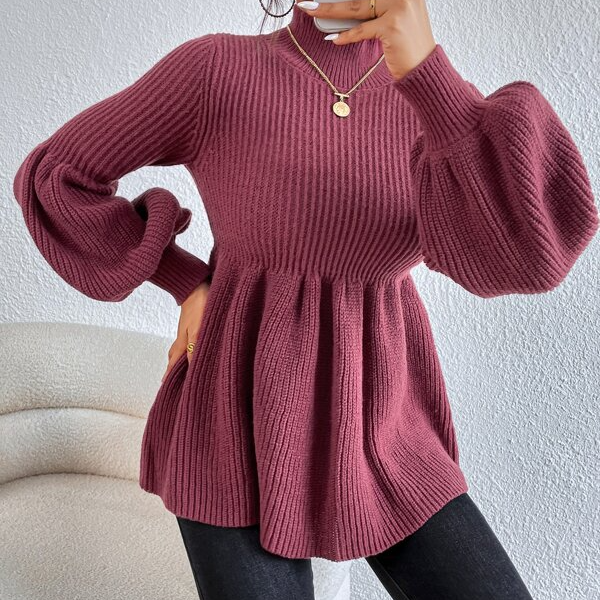 Mock Neck Bishop Sleeve Ruffle Hem Peplum Sweater Pullovers Knitwear (6).jpg