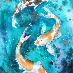 Koi Fish Art Original Watercolor Art Fish Ocean Wall Art Koi Painting by Olivkan