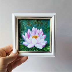 Pink water lily painting small wall decor acrylic framed art