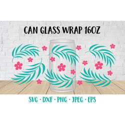 Tropical leaves beer can glass wrap template SVG