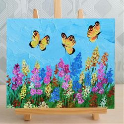 Butterflies painting impasto colorful flower wall art