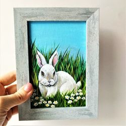 White rabbit painting impasto small wall art