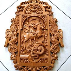 Saint George wall picture icon St. George and the dragon carved wooden panel