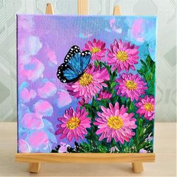 Pink aster flowers bright floral wall art butterfly painting