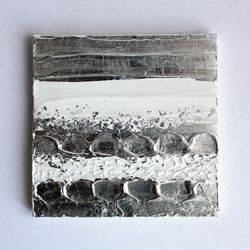 Silver Leaf Painting Original Abstract Acrylic Art Impasto Mini Painting Small Textured Painting on Canvas 4 by 4