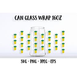 Pineapple beer can glass wrap template SVG. Summer glass can