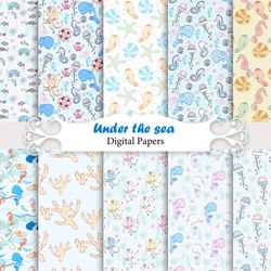 cute sea animals, seamless patterns.