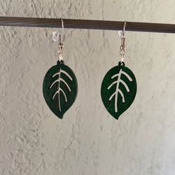 Dark Green Leaf Wooden Earrings, Wooden Jewelry, Light Nature Wood Leaves Tree Plant Leaf Dangle Earrings