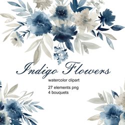 Watercolor indigo flower, peony clipart, indigo rose png.