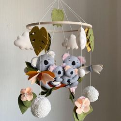Baby crib mobile Koala family, neutral nursery decor, gift for newborn baby