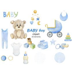 Watercolor baby boy, nursery clipart, baby element png.