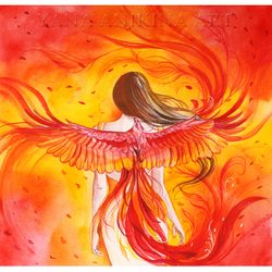 Phoenix Goddess Painting Fine Art Phoenix Woman Art Original Girl Phoenix Watercolor Phoenix Bird Artwork. MADE TO ORDER