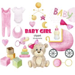watercolor baby girl, nursery clipart, baby element png.