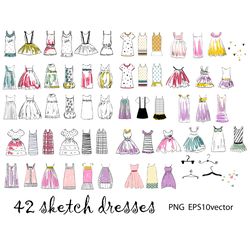 Sketch dresses, vector clipart, png.