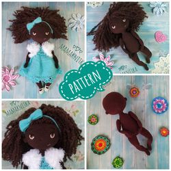 PATTERN crocher baby doll Tiana pdf in English, Amigurumi doll toy tutorial.