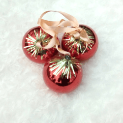 Red Christmas balls set on ribbon - Soviet glass Xmas ornaments vintage new