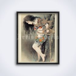 Tattooed girl in ropes, Japanese kinbaku, shibari, irezumi, Ozuma Kaname printable art, print, poster (Digital Download)
