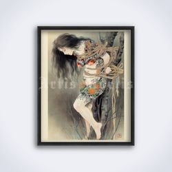 tattooed girl in ropes, japanese kinbaku, shibari, irezumi, ozuma kaname printable art, print, poster (digital download)