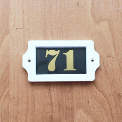 Vintage address door number sign 71 plastic rectangular plate gold black