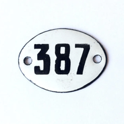 Small enamel metal vintage 387 address number sign white black