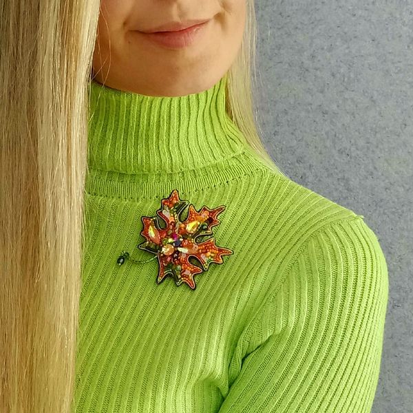 Brooch "Maple leaf", Beads embroidery, Accessory on a pin, on a girl
